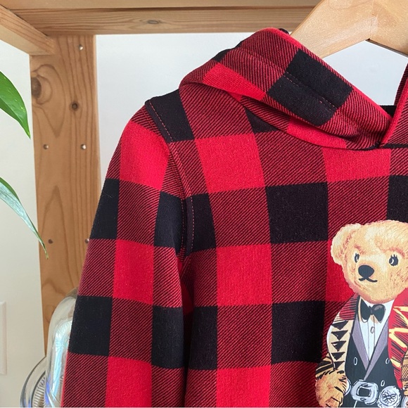 Polo Ralph Lauren Polo Bear Fleece Red Black Check Hoodie Sweatshirt - Picture 7 of 11
